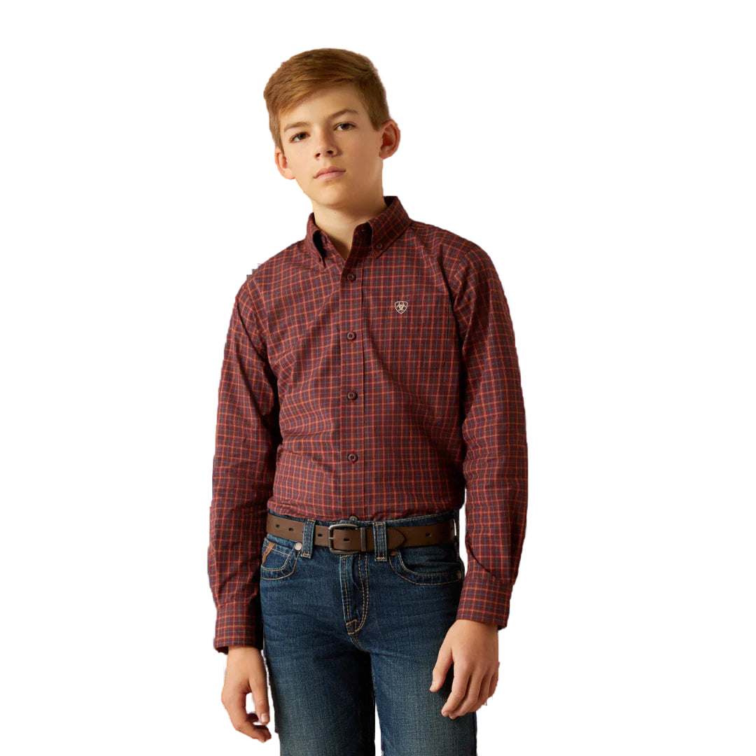 Boy's Ariat Pro series long sleeve shirt in Burgundy Plaid.