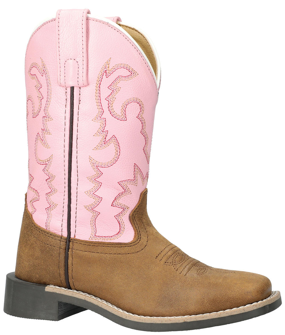 A youth-sized Smoky Mountain boot with a brown foot and pink leather top and a square toe.