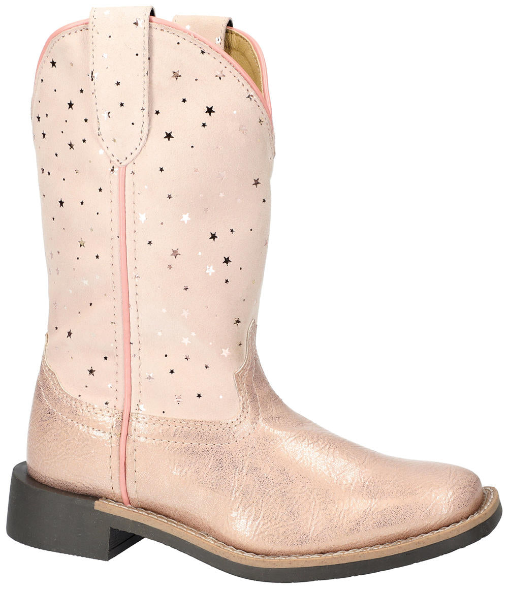 Children's pink metallic leather foot boot with a star pattern on top,a low heel, a square toe, a natural double welt, and a black rubber outsole and heel.