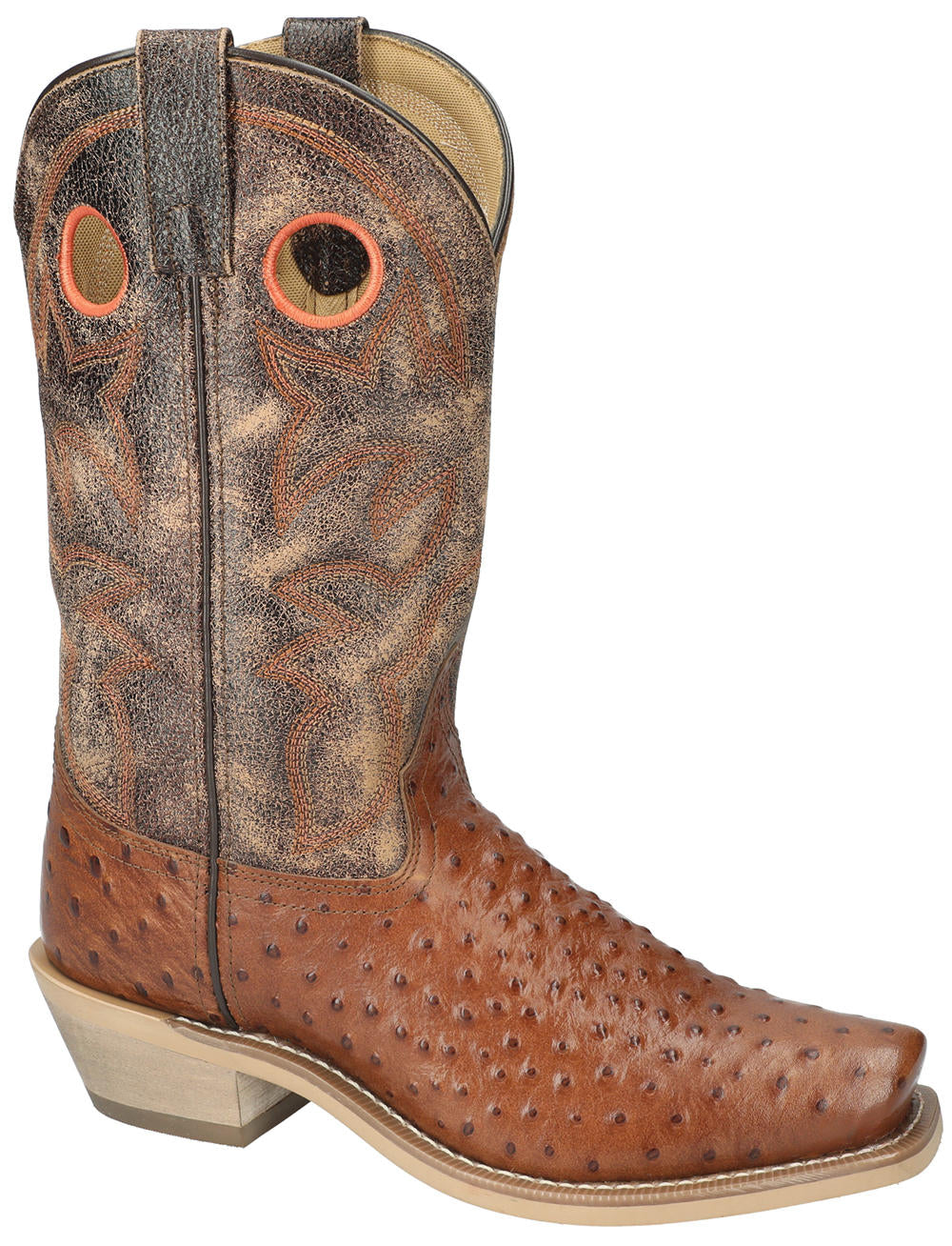 Men's Smoky Mountain Santa Fe cognac ostrich print western boot with cutter toe, a riding heel, and pull holes so boots are easier to put on.