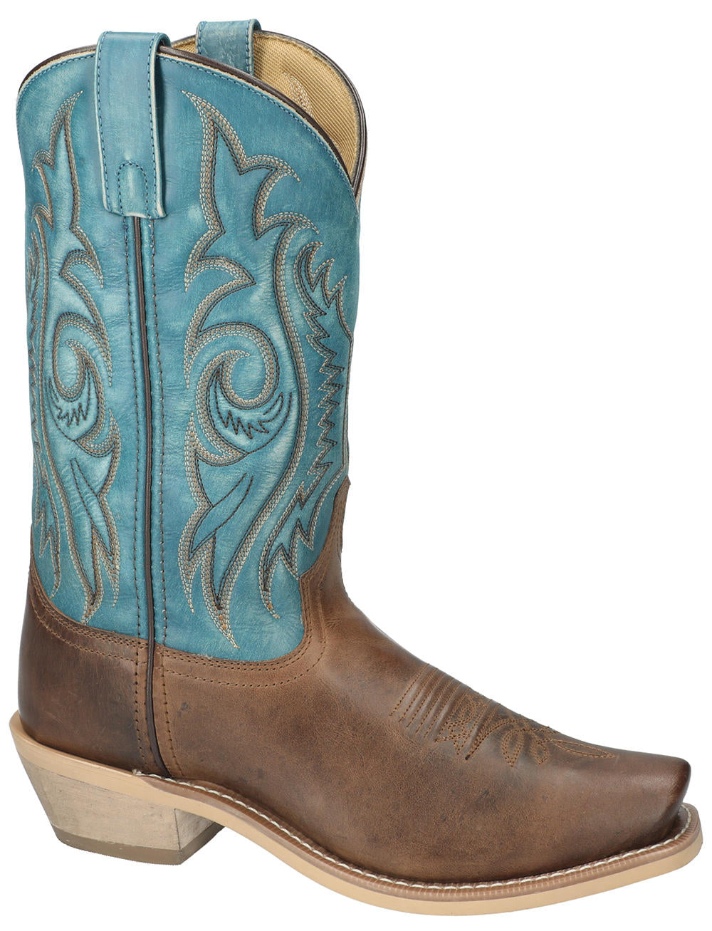 Men's Smoky Mountain Santa Fe brown oiled distressed and vintage blue top cutter toe Western boot with decorative stitching onn shaft and riding heel.