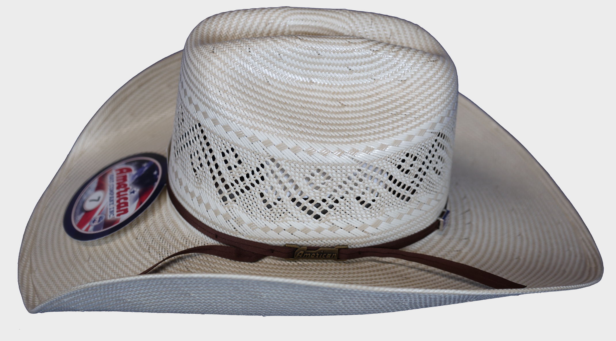 Side view of American Hat company straw hat with rancher crease shape.