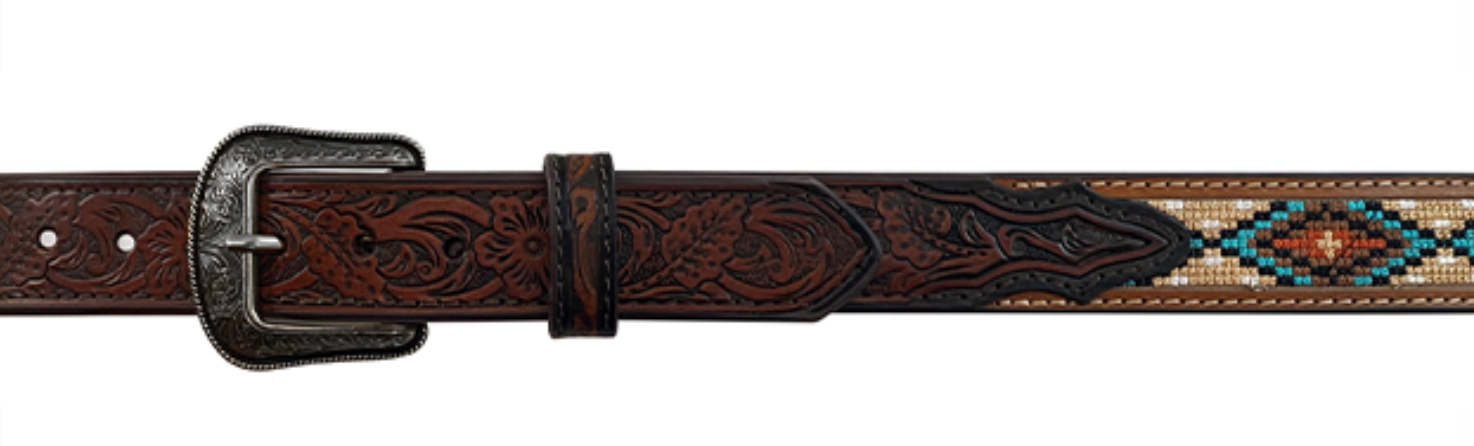A flat view of a children's brown leather belt with floral embossed end tabs and needlepoint inlay featuring geometric designs. It includes a silver finish buckle.