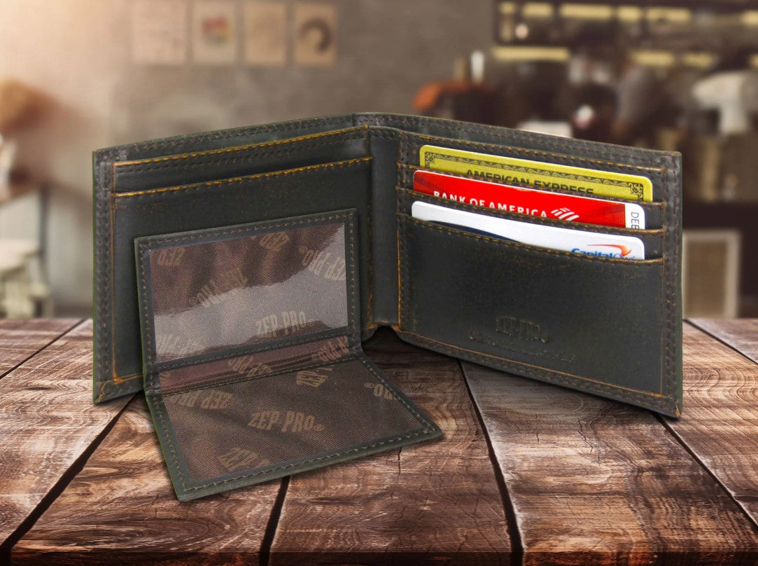 Zep Pro Mississippi State University Bulldogs Burnished Antique Brown Leather Bi-fold Wallet Inside view showing :
Antique brown leather lining
3 interior credit card slots
2 interior pockets
1 pullout ID case
2 bill/cash compartments