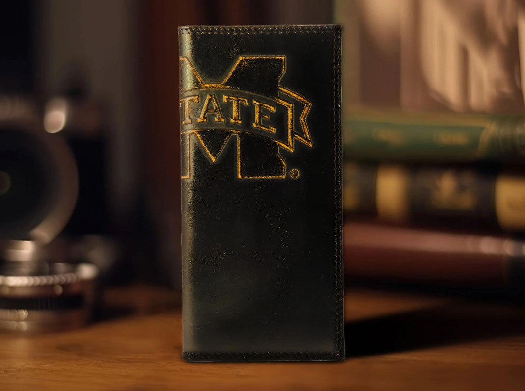 Zep Pro Mississippi State University Bulldogs Burnished Antique Brown Leather Tall Wallet. Front view features "M State" logo printed across spine of wallet.