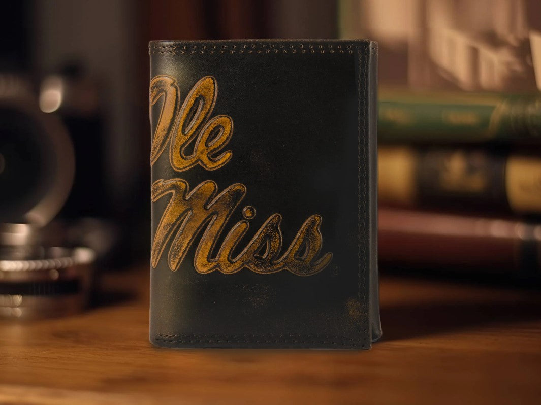 Zep Pro University of Mississippi Burnished Antique Brown Leather Tri-fold Wallet. Front view shows "Ole Miss" script logo across spine.