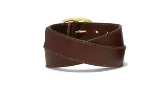 A ladies' cognac brown leather belt with a brass-plated buckle. Rear View