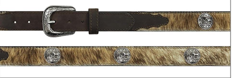 A flat view of a brown hair-on leather belt with hand tooled designs and praying cowboy figurine conchos, featuring a silver finish buckle.