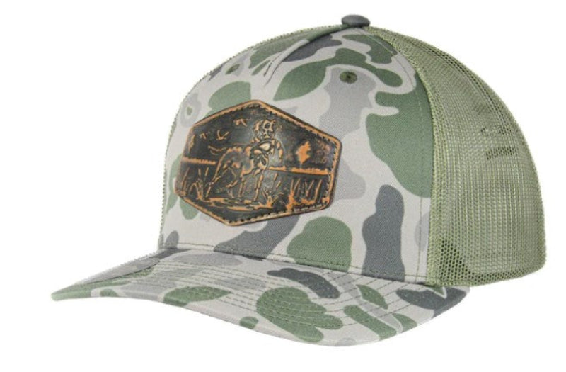 Zep-Pro Old School Loden Camo Leather Lab Patch Richardson 112 Cap. Angled front view