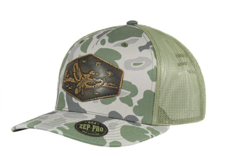 Zep-Pro Old School Loden Camo Leather Mallard Patch Richardson 112 Cap Mid Profile / Pre-curved Visor
Woven/Knitted Construction. Angled Side view