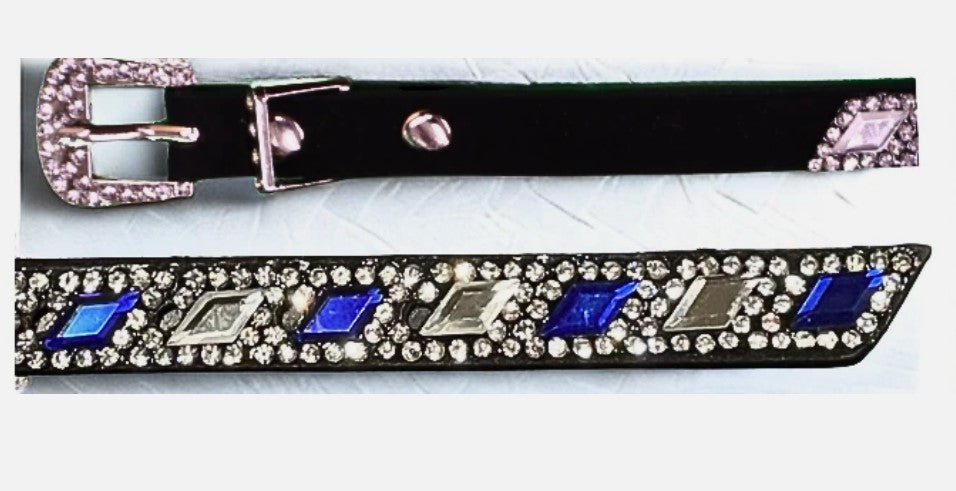 Black leather hat band with Blue and Clear diamond shaped crystals. It features a buckle closure.