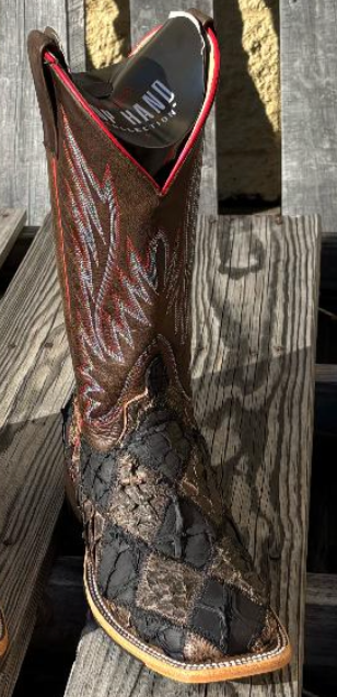 Men's Horse Power by Anderson Bean black matte and toasted big bass patchwork square toe cowboy boots. Front view