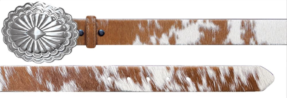 A flat view of a brown and white cowhide leather belt with a silver-colored oval buckle.