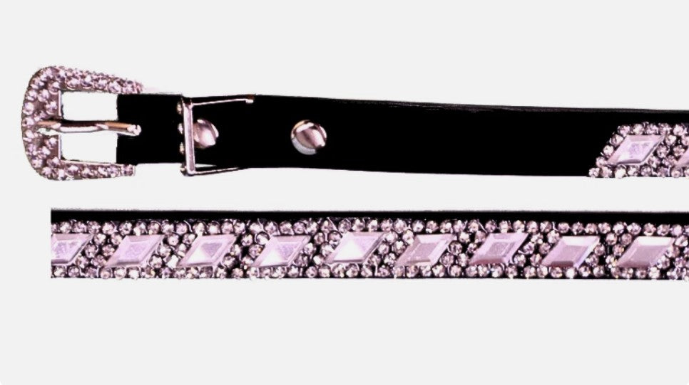 Black leather hat band with clear diamond shaped crystals and a crystal studded buckle.