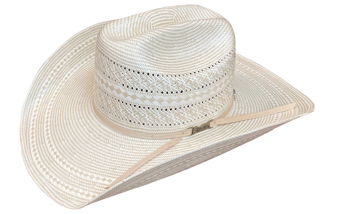 A white straw hat with a leather sweatband, featuring a rancher crease crown and cool hand Luke brim.