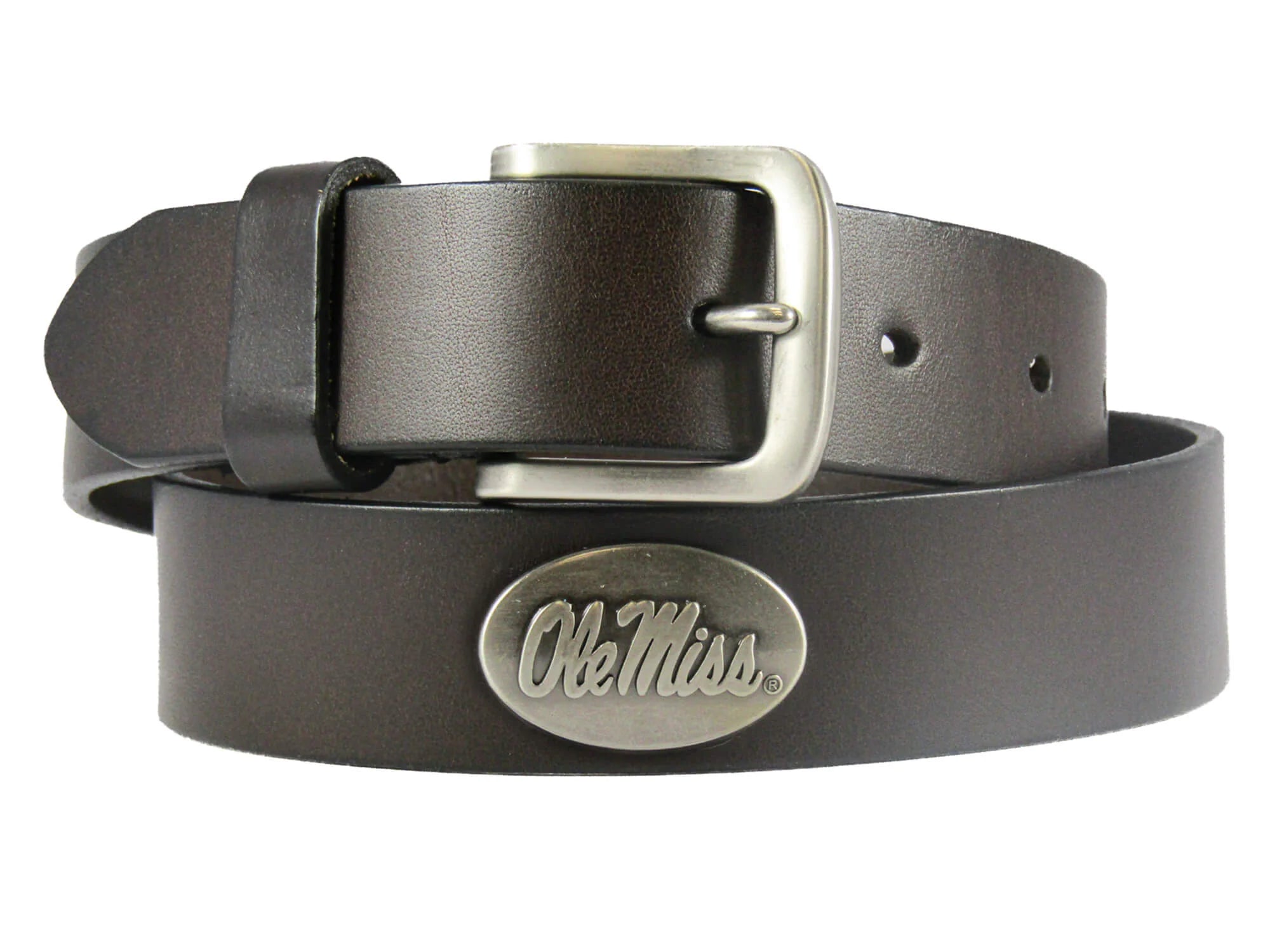 A Zep-Pro brown leather belt with a silver metal buckle and oval Ole Miss silver tone concho.
