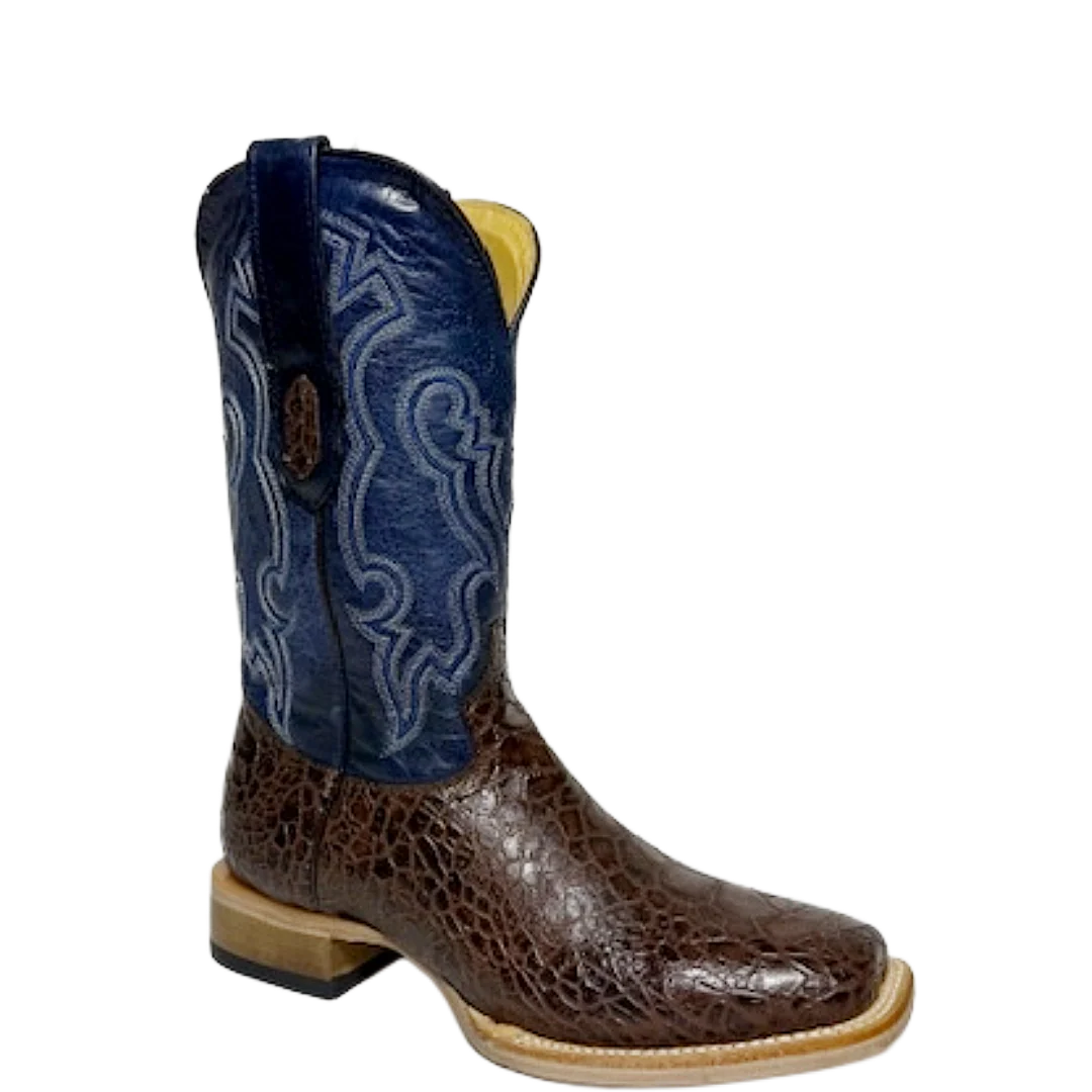 Brown Sea Turtle print leather square toe cowboy boots with a 12 inch blue shaft. Profile View