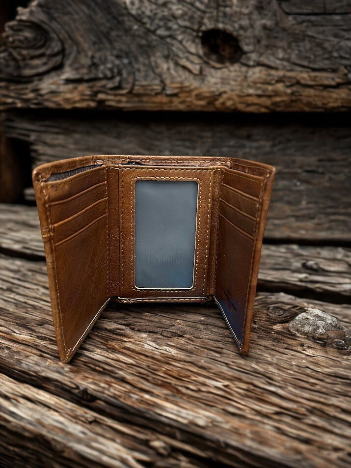 Brown alligator print leather trifold wallet with a Praying Cowboy Concho on a cowhide inlay. Inside view showing eight card slots and a ID window.