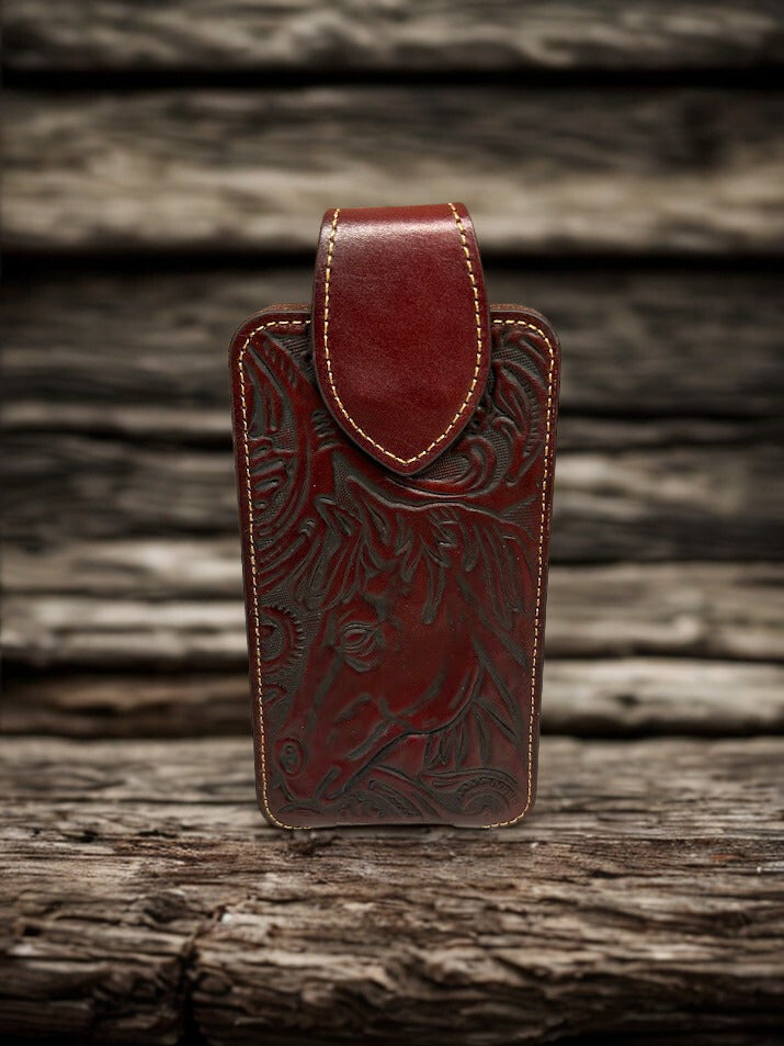 Brown leather phone case with a embossed Horse design. Front View