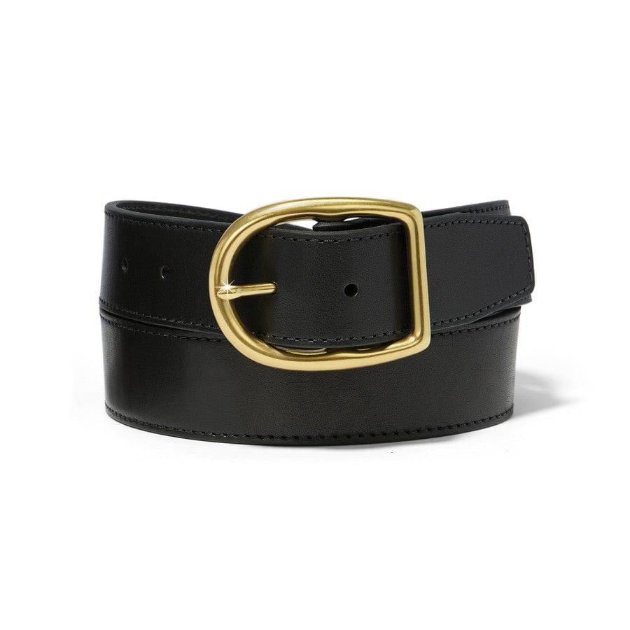 Ladies black leather belt with brass finish buckle. Front View