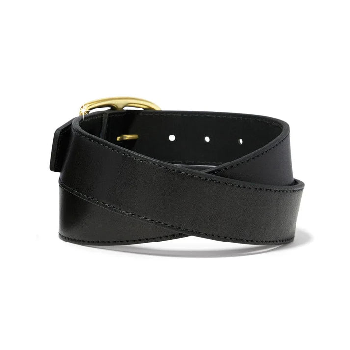 Ladies black leather belt with brass buckle, rear view.
