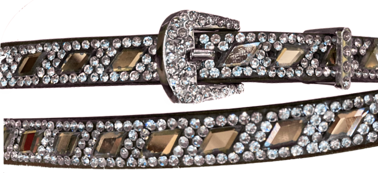 Western style leather hat band with White and Brown diamond shaped crystals and a Western style buckle.