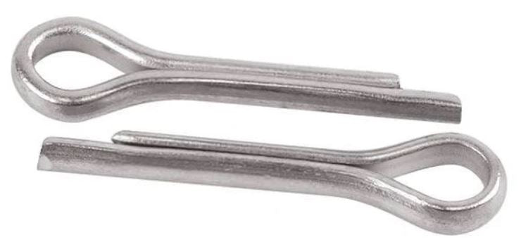 Closeup of metal cotter pins used for attaching removable spur rowel pin to spur.