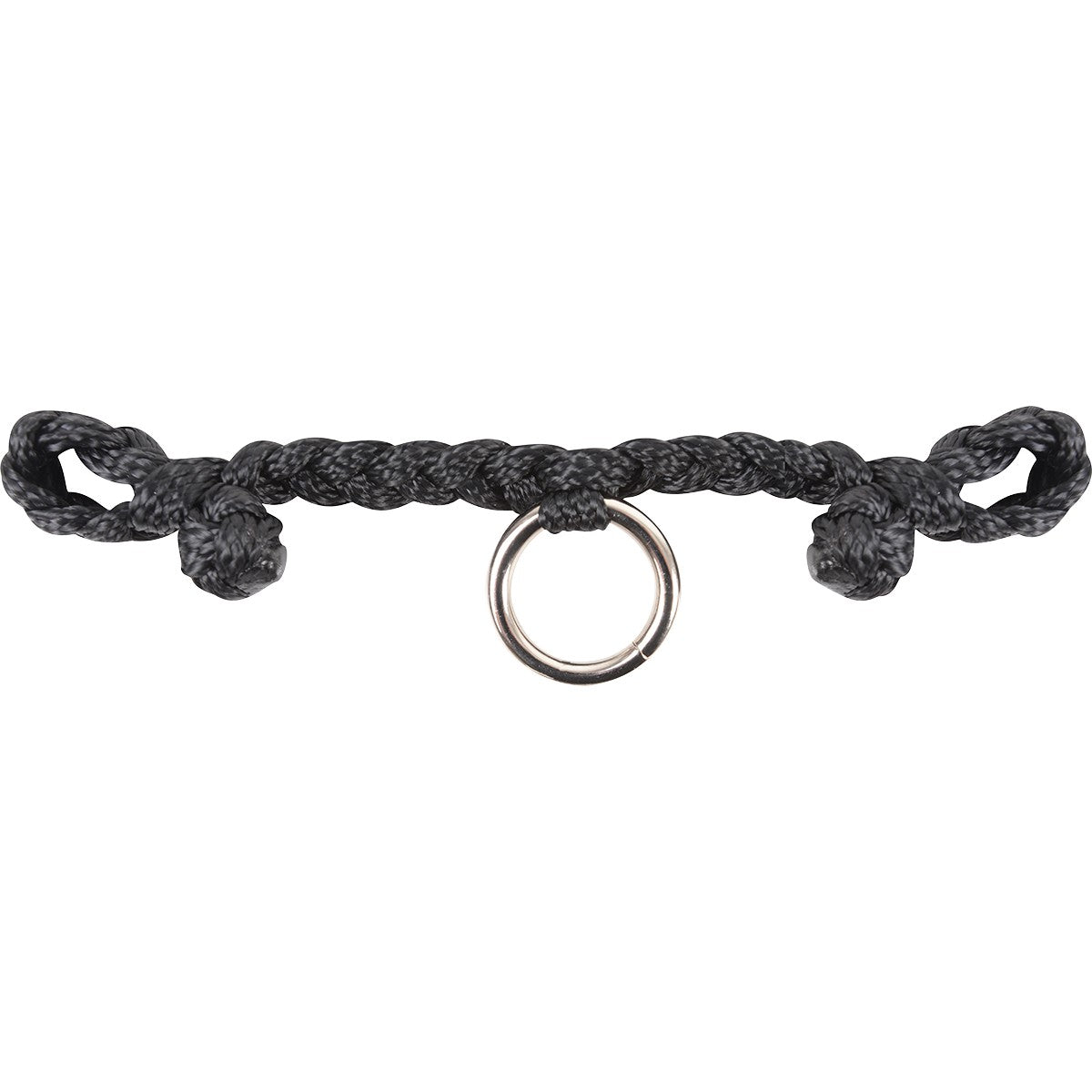 A black nylon braided bit hobble with an O-ring in the middle, designed for calf roping use.