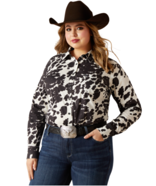 Women's Ariat 10047225 Team Kirby Black Cow Print Stretch Long Sleeve Shirt