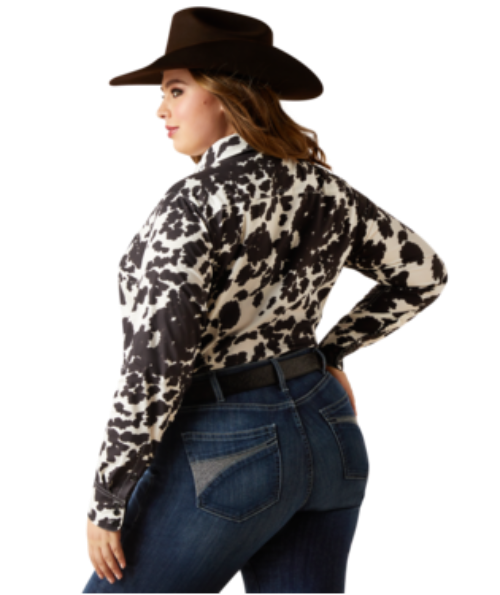 Women's Ariat 10047225 Team Kirby Black Cow Print Stretch Long Sleeve Shirt