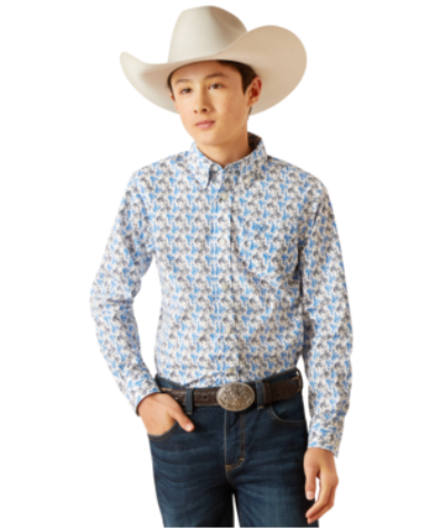 Boys Ariat 10047296 Peerce White/Blue Bronc Print Button-down Long Sleeve Shirt