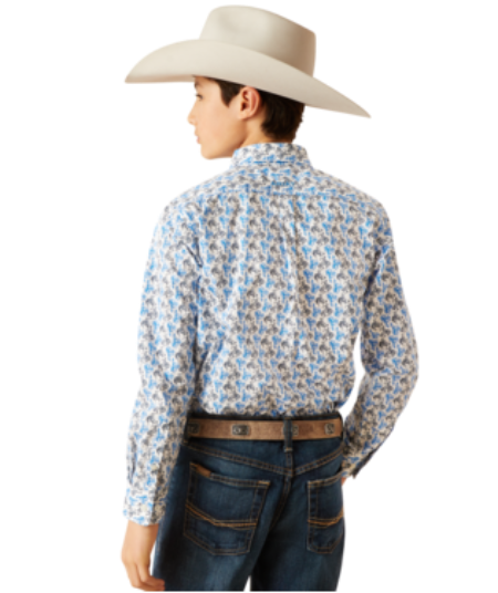 Boys Ariat 10047296 Peerce White/Blue Bronc Print Button-down Long Sleeve Shirt