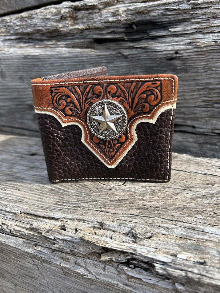Coffee Brown leather bifold wallet with Star Concho. Front View