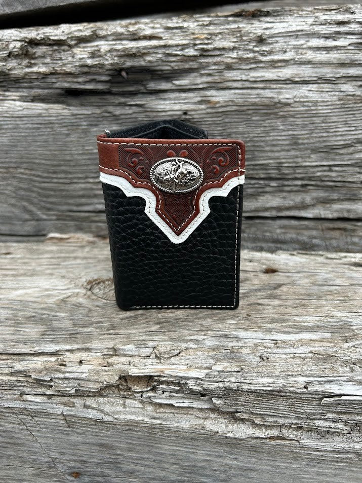 Black pebbled leather trifold wallet with a brown leather overlay featuring a Bull Rider Concho. Front View