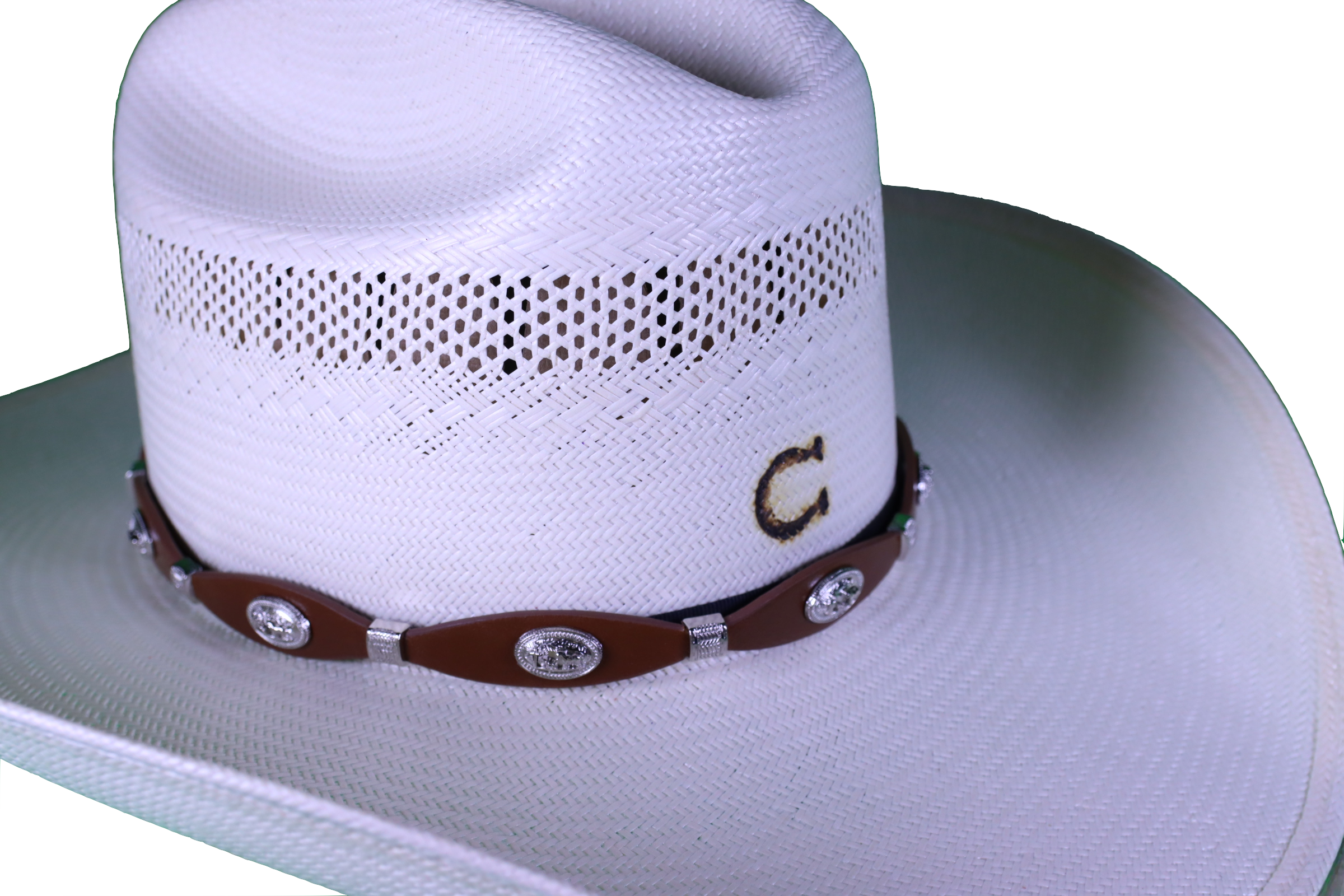 Brown leather hat band with Praying Cowboy Conchos and a western style buckle. View of buckle on straw hat.