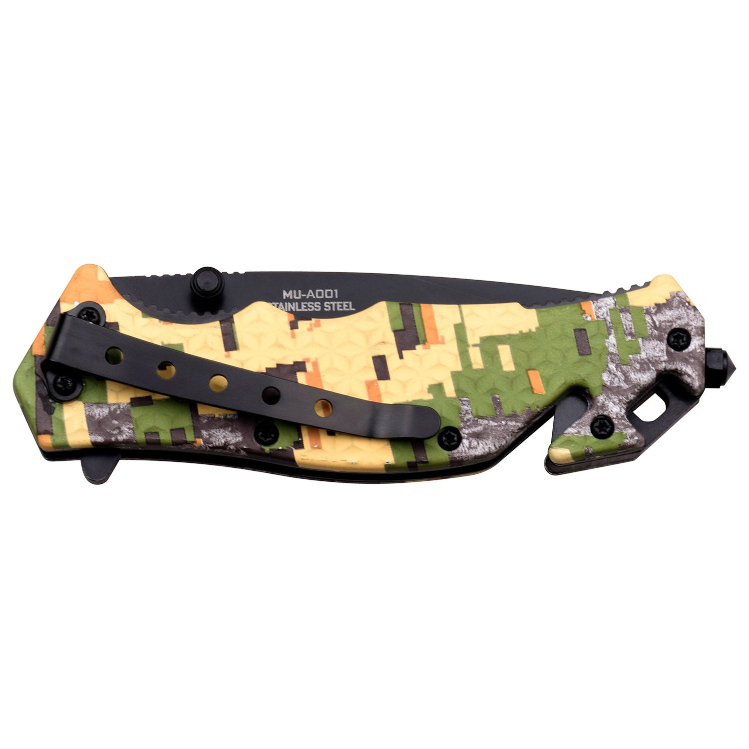 Total Length: 8.50 inches
Handle Material Injection: Molded ABS
Handle Artwork: Digital Camo
Features Cutter, Glass Breaker, Pocket Clip Folded View