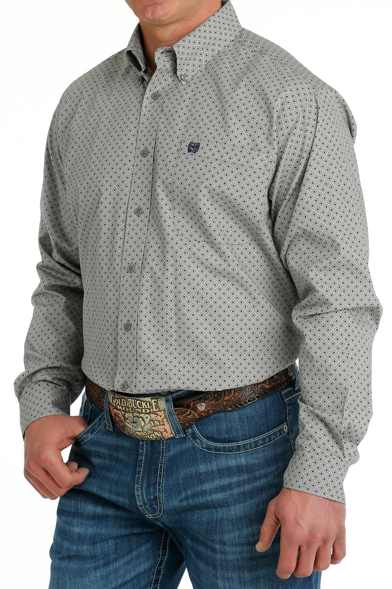 Men's Cinch MTW1105698 Gray/White/Navy Geometric Print Button Down Long Sleeve Shirt