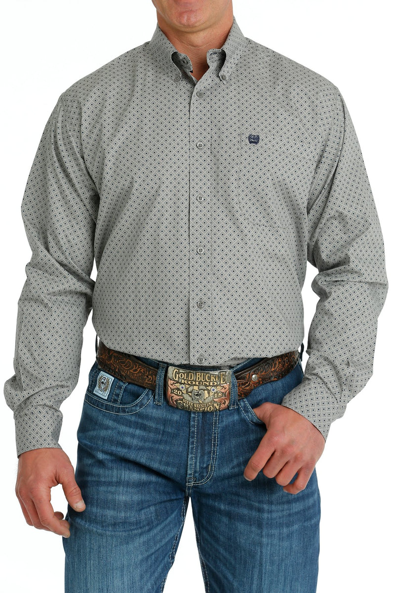 Men's Cinch MTW1105698 Gray/White/Navy Geometric Print Button Down Long Sleeve Shirt