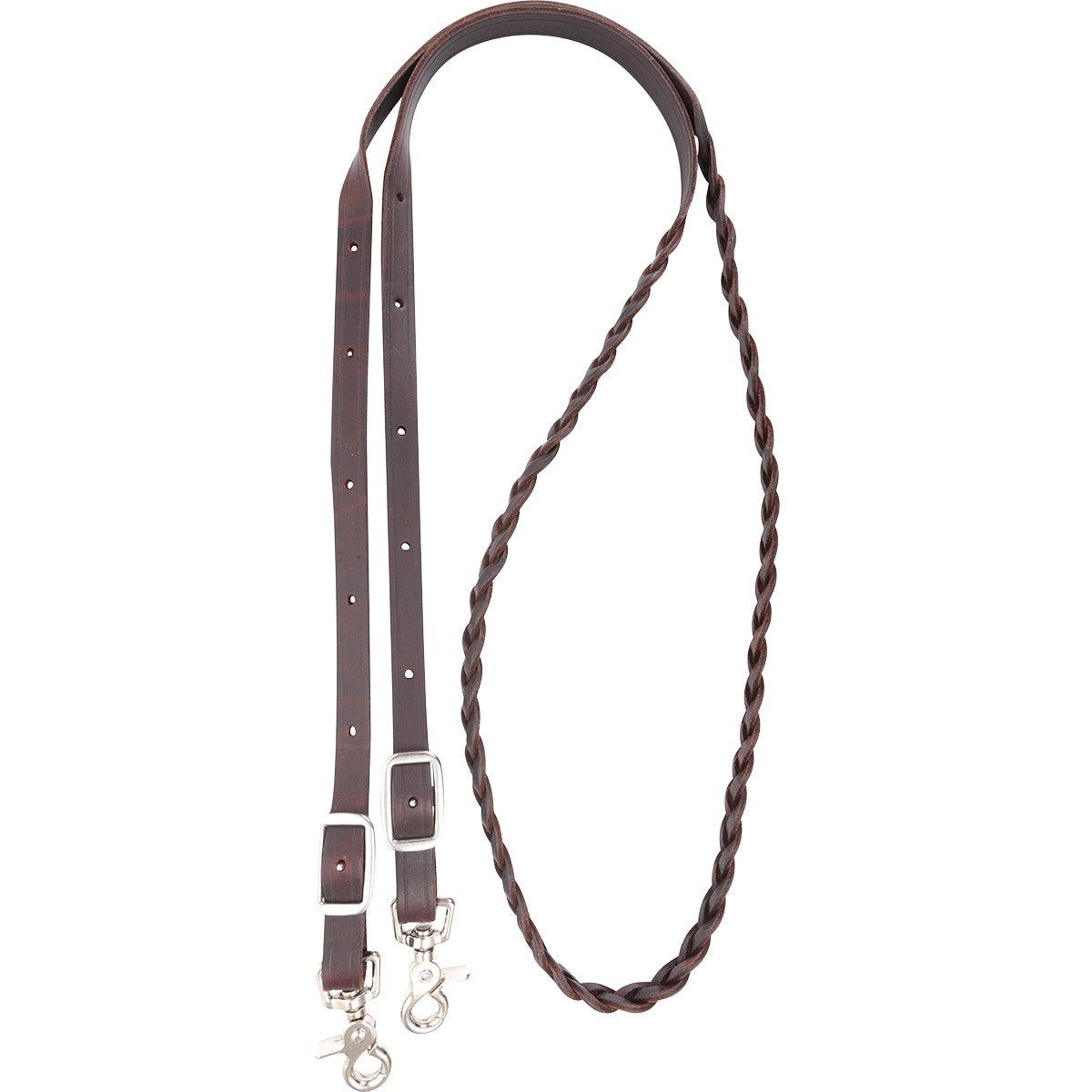 A brown, 3 plait braided latigo roping rein with double stainless steel buckles and double snaps.