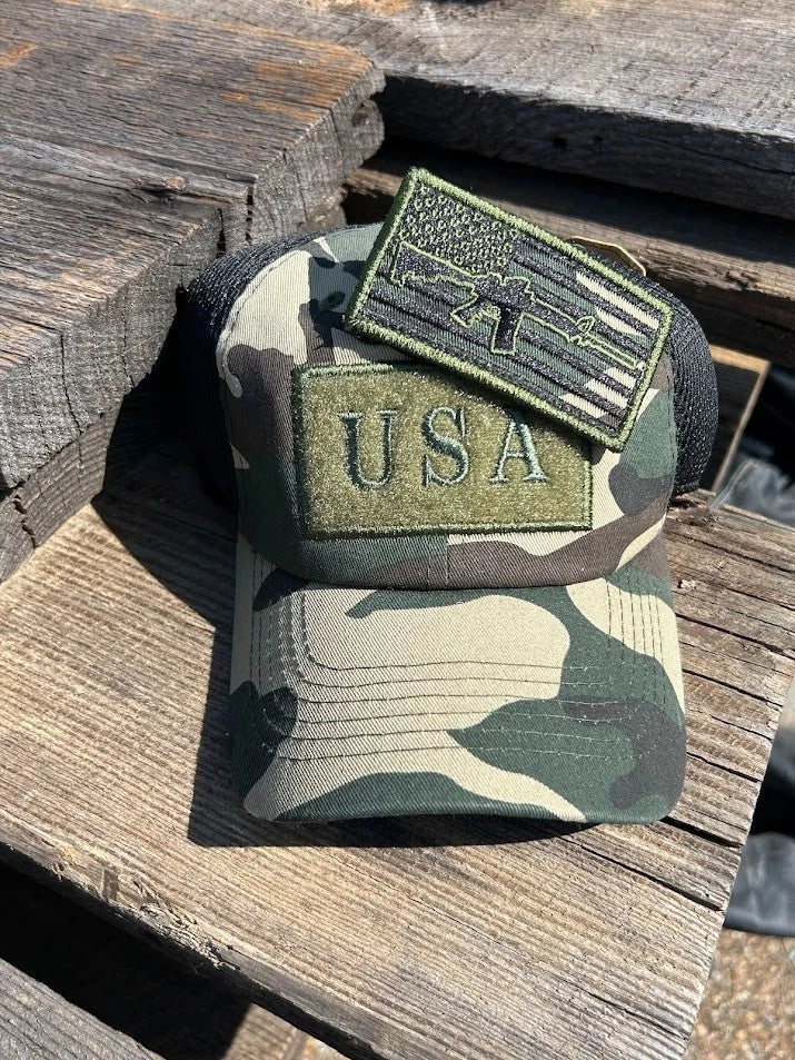 Green Camo Gun Flag Patch Mesh Back Cap