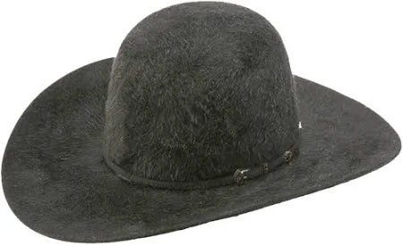 Side view open crown charcoal grey grizzly felt hat.