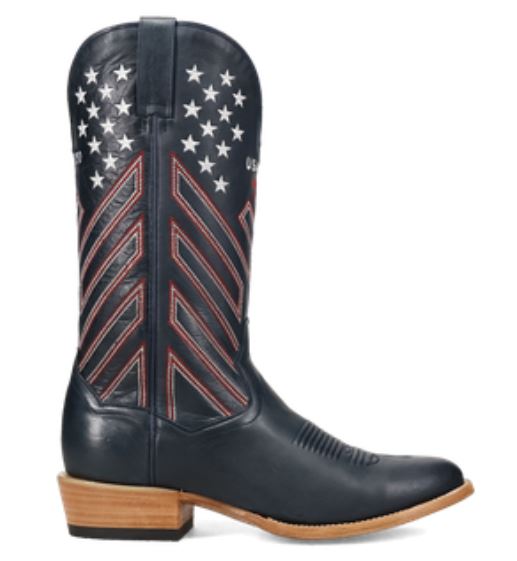 Men's Dan Post America 250 boot in navy blue with red and white stitching resembling flag stripes that are angled up toward the side seams and 12 embroidered small white stars near the top of the shaft on each corner of front and back. Top of boot has a total of 50 stars. Inside front view.