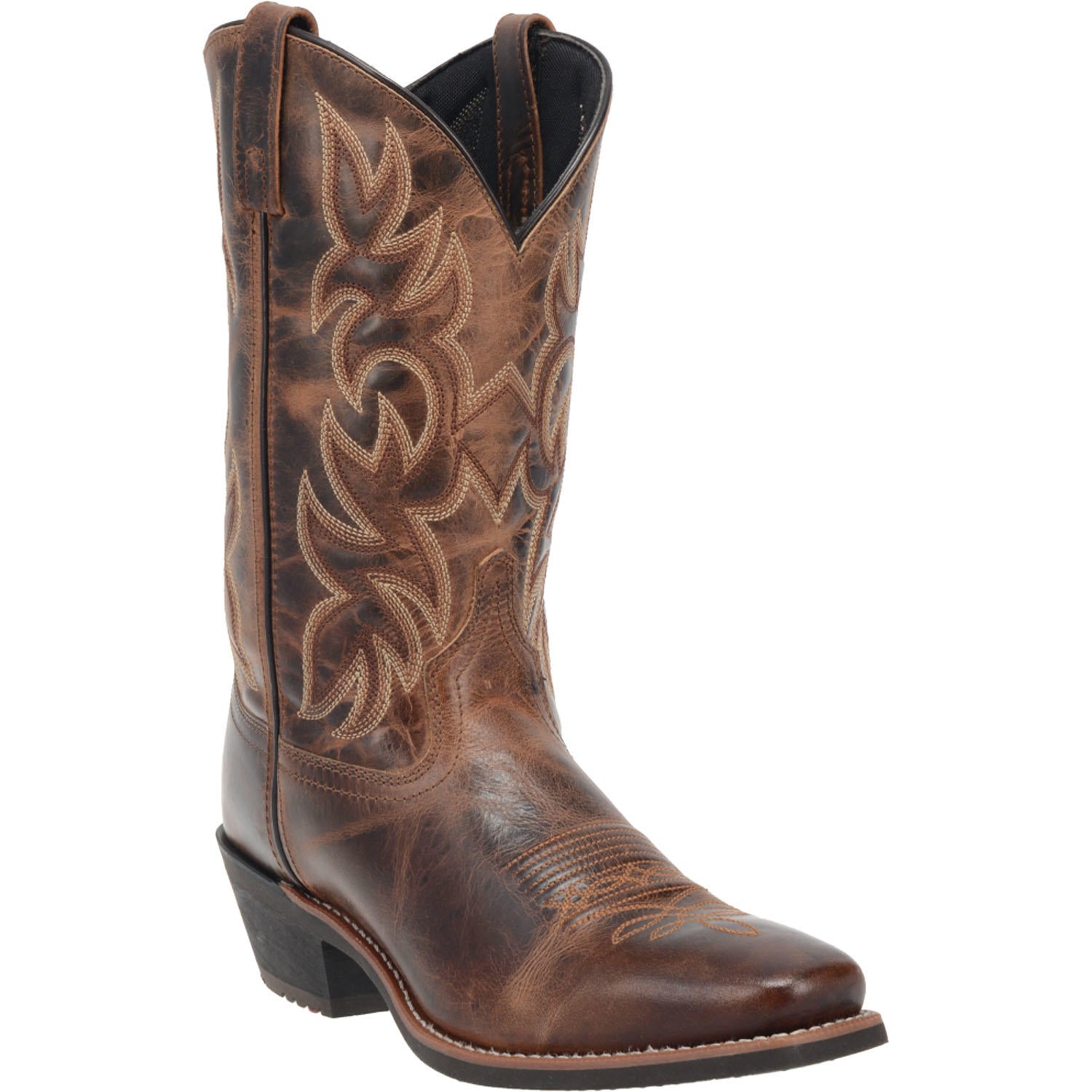 A profile view of the Laredo brown, leather, square-toe cowboy boot with intricate embroidery details.