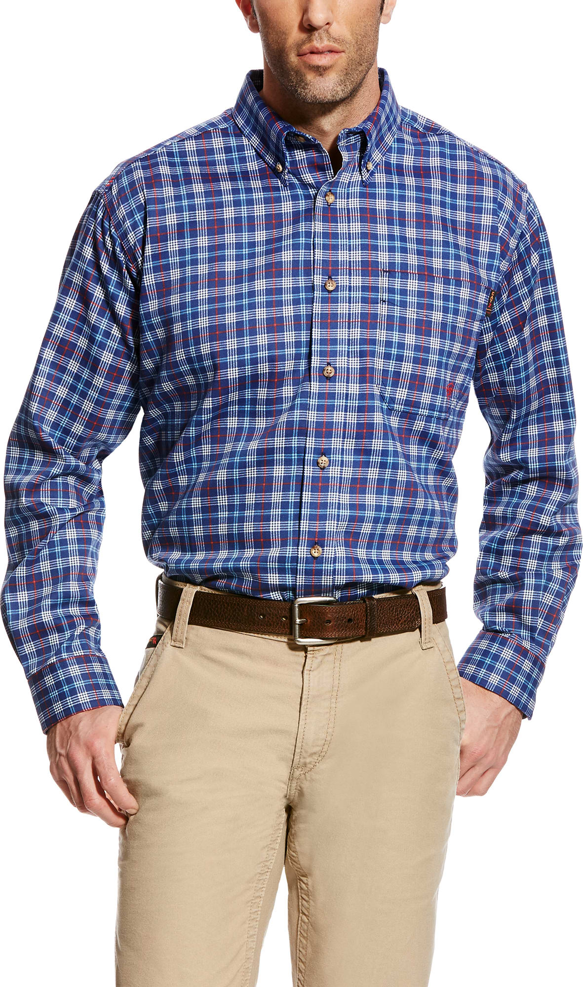 Men's Ariat long sleeve FR shirt in Blue Plaid.