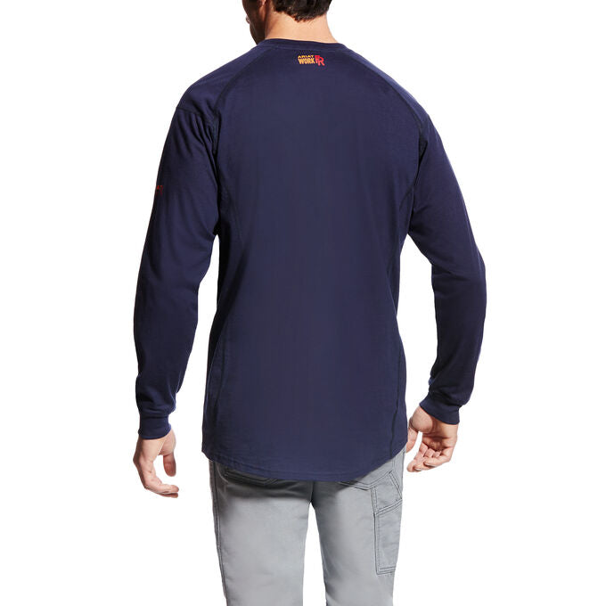 Men's Ariat FR long sleeve work shirt in Navy. Rear view showing shirt untucked.