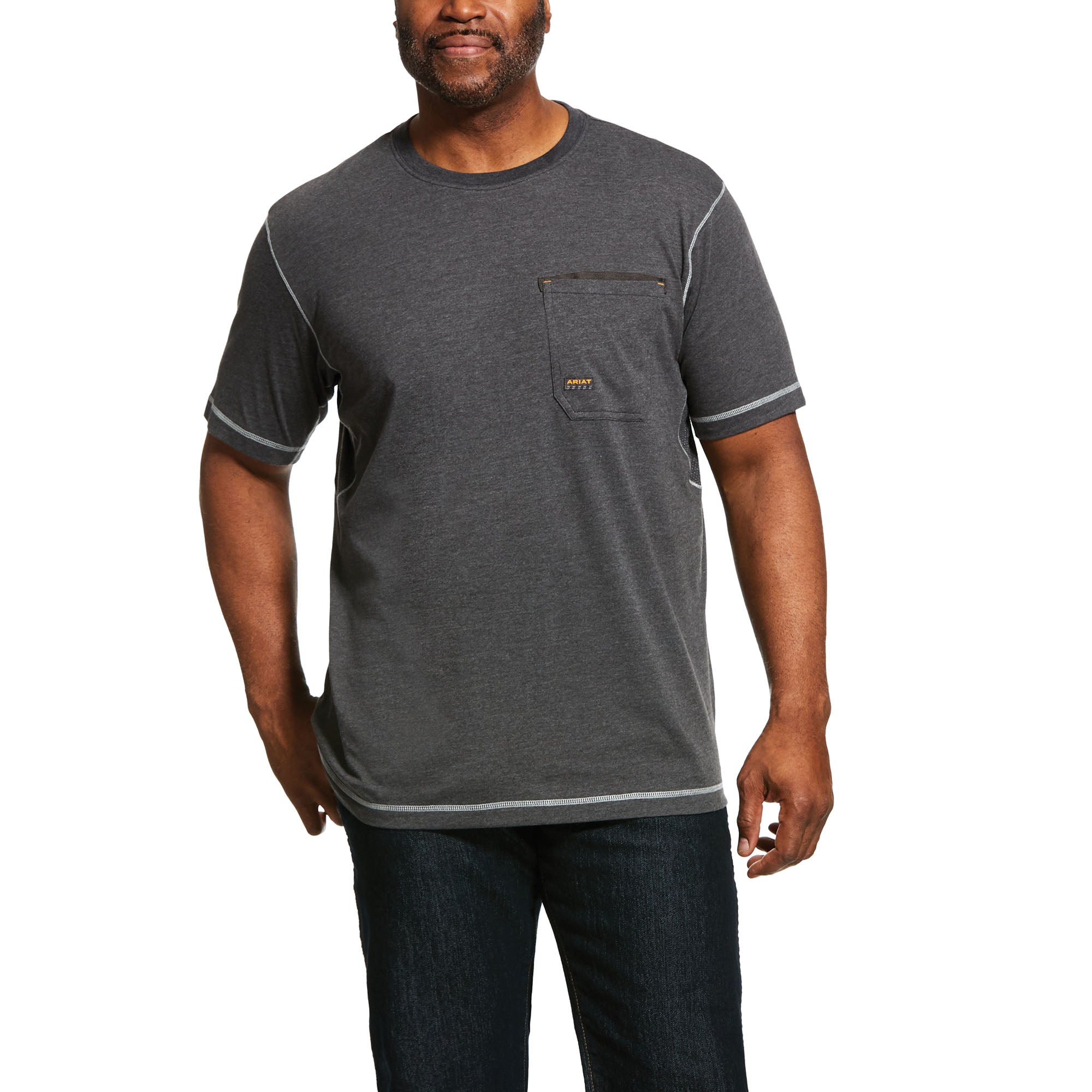 Men's Ariat Rebar workman short sleeve T-Shirt in Charcoal Heather. Front view showing shirt untucked.