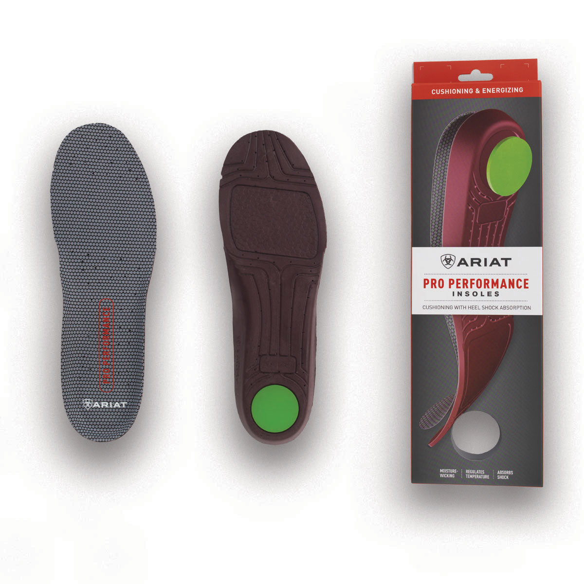 Packaging and insole view of Ariat Women's Pro Performance Wide Square Toe Insole, displaying the insole itself and the product packaging with brand logo and color accents.