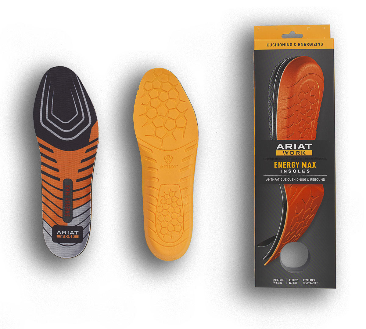Packaging and an insole designed for men, featuring a round toe shape with orange and black colors and text indicating it's an Ariat product.