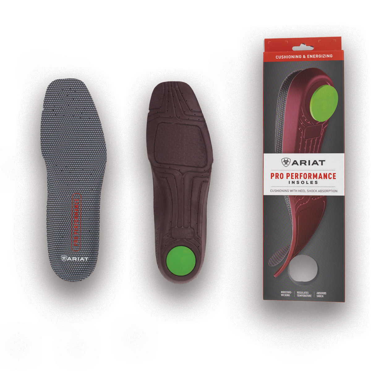 Packaging and insole view of Ariat Women's Pro Performance Wide Square Toe Insole, displaying the insole itself and the product packaging with brand logo and color accents.