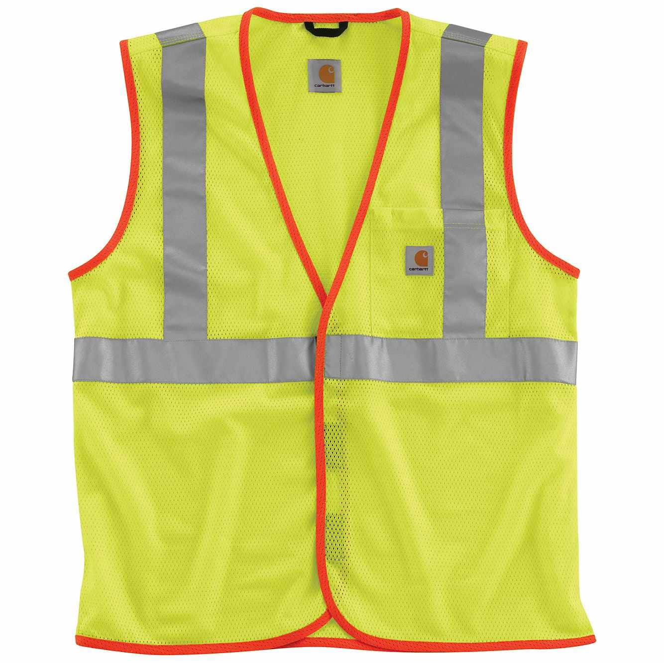 Carhartt yellow high-visibility class 2 vest with reflective trim and a utility pocket on the chest. Front View